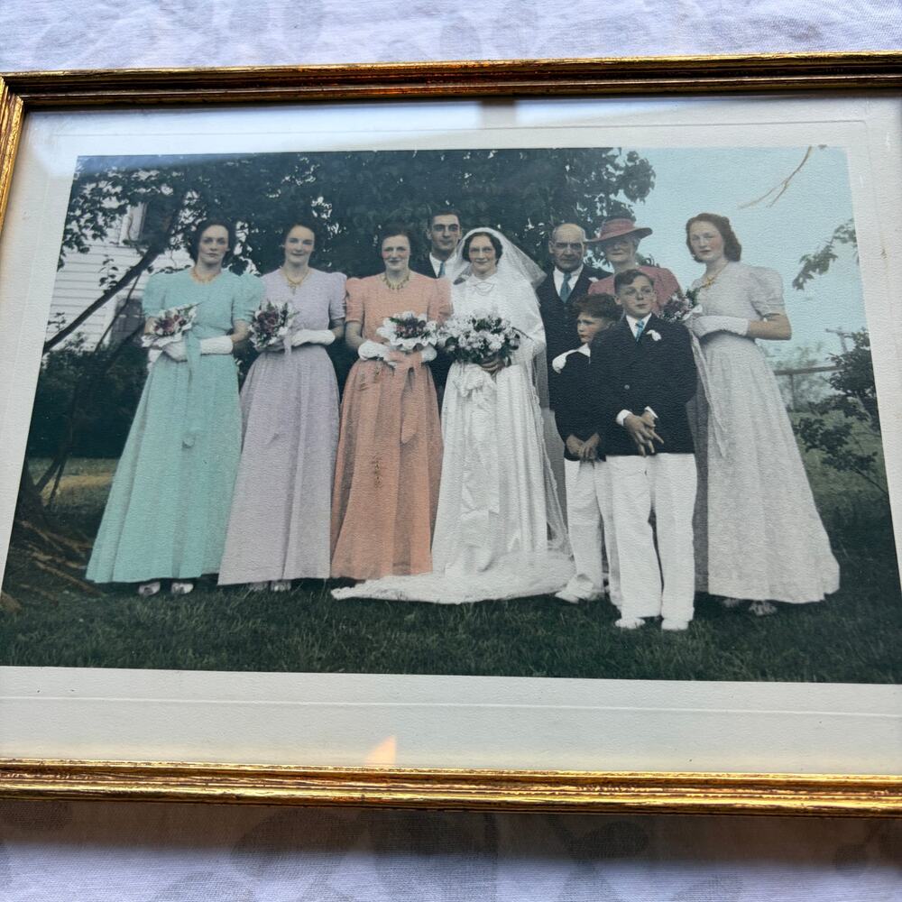 Vintage Hand Colored Wedding Portrait Framed Family Photograph Mid Century Decor